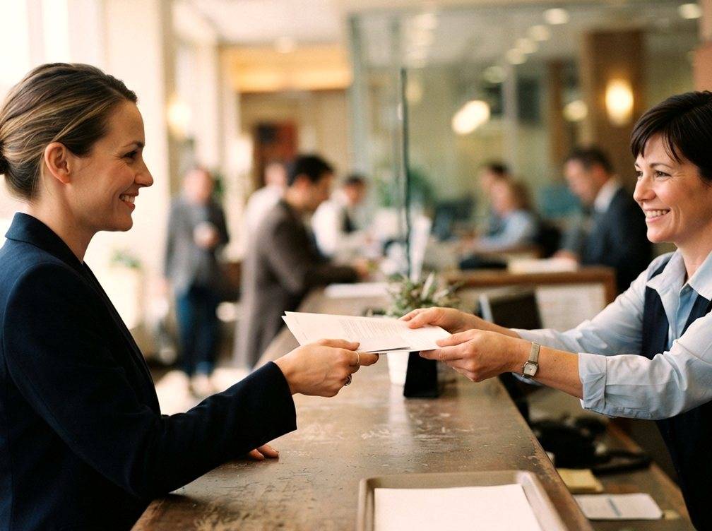 A bank customer handing paperwork to a teller at a bank counter.