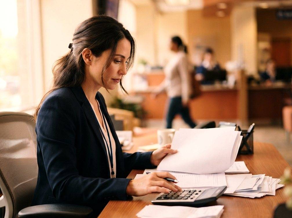 A bank employee reviewing printed financial statements at a desk inside a bank lobby.