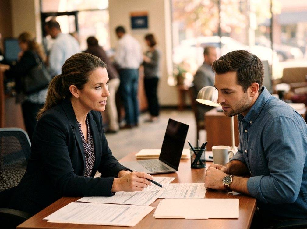 A bank loan officer reviewing paperwork with a customer at a branch desk.