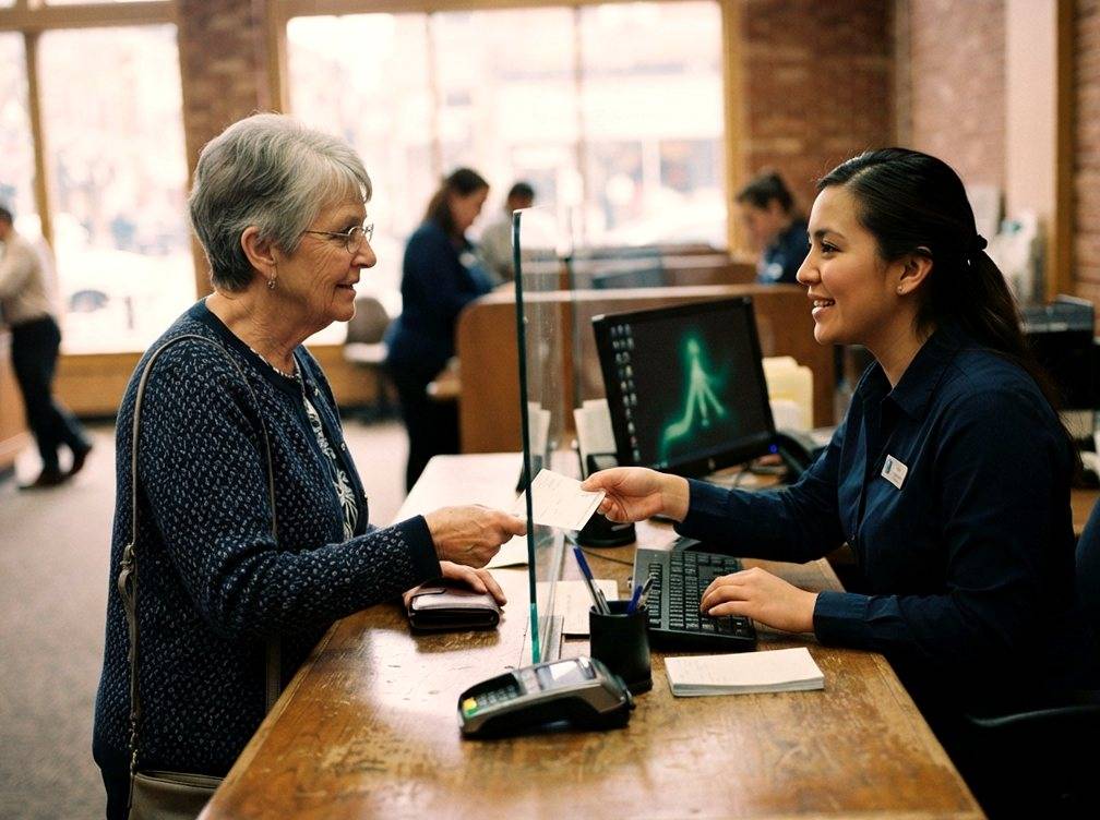 A bank teller assists a customer at a traditional bank branch counter.
