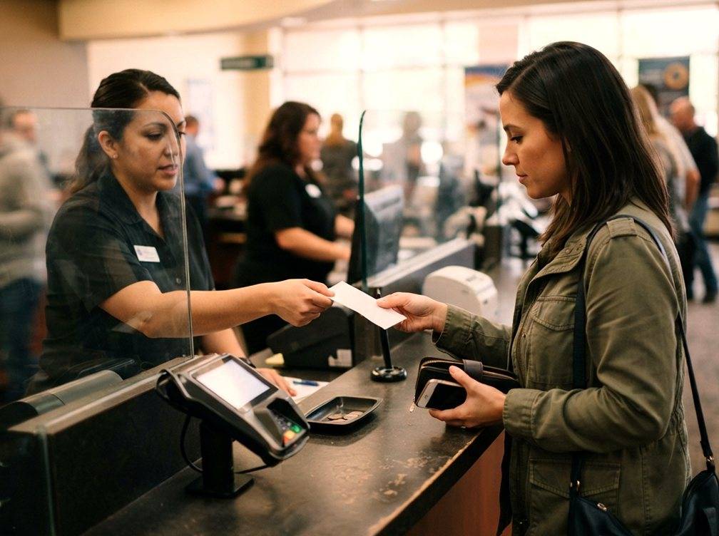 A bank teller assists a customer at the counter of a retail banking branch.