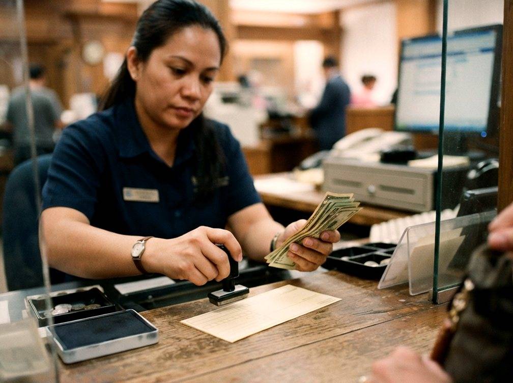 A bank teller counts cash and processes a deposit slip at the counter.