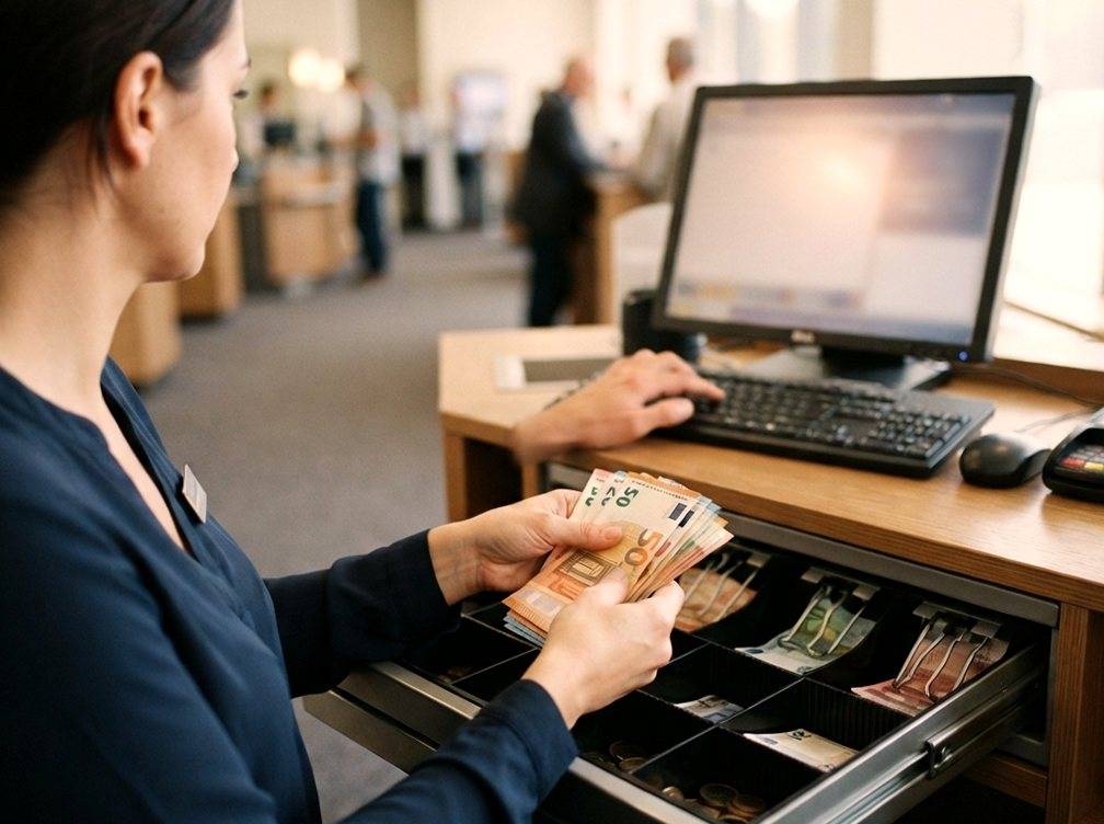 A bank teller counts cash at a counter while entering account details into a computer.