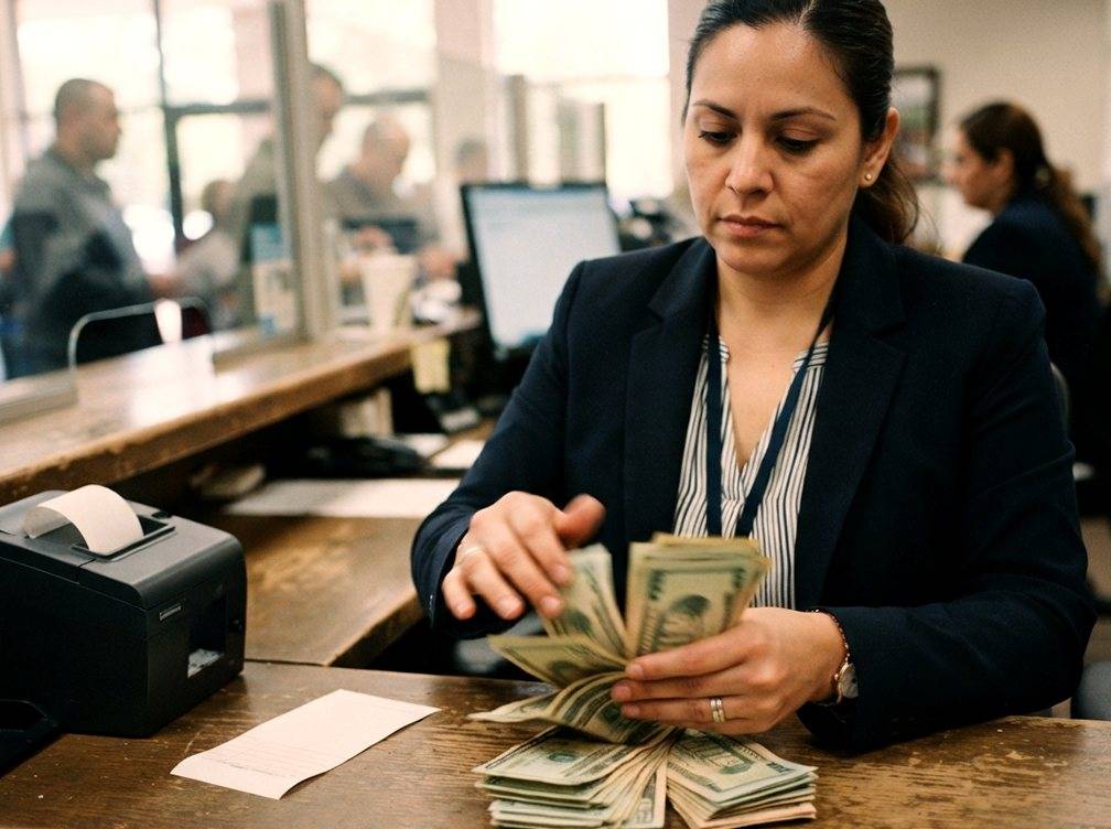 A bank teller counts cash next to a deposit slip at the counter.