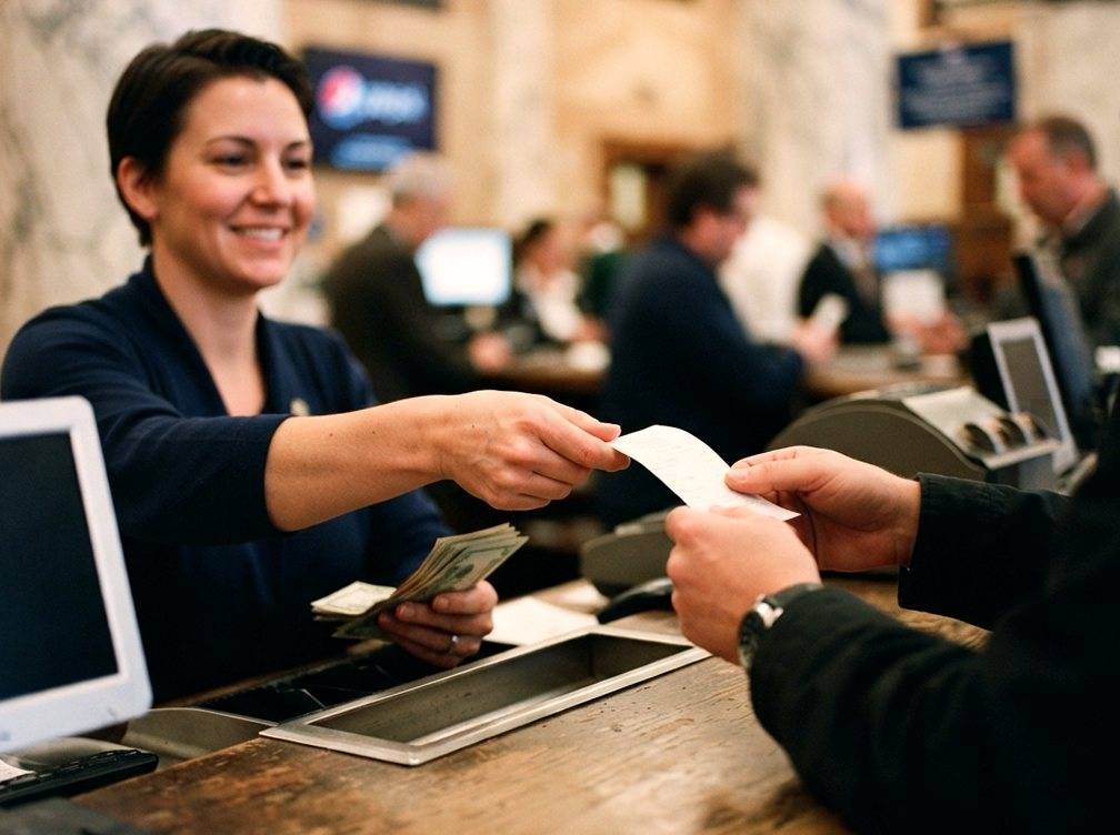 A bank teller hands a deposit receipt to a customer at a teller window.