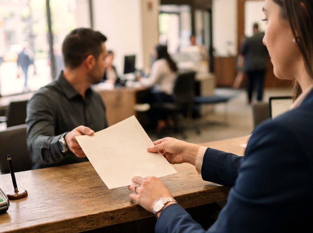 A bank teller hands a printed draft document to a customer across the counter.