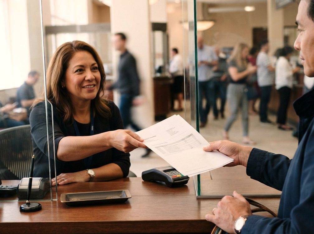 A bank teller hands a printed statement to a customer at the counter.