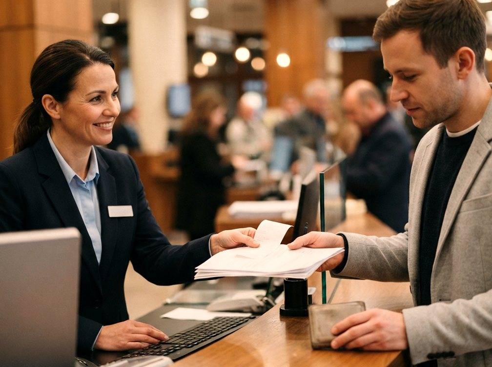 A bank teller hands documents to a customer at the counter inside a branch.