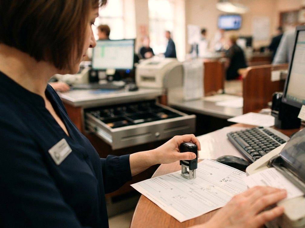 A bank teller prints and stamps a bank draft document at the counter.