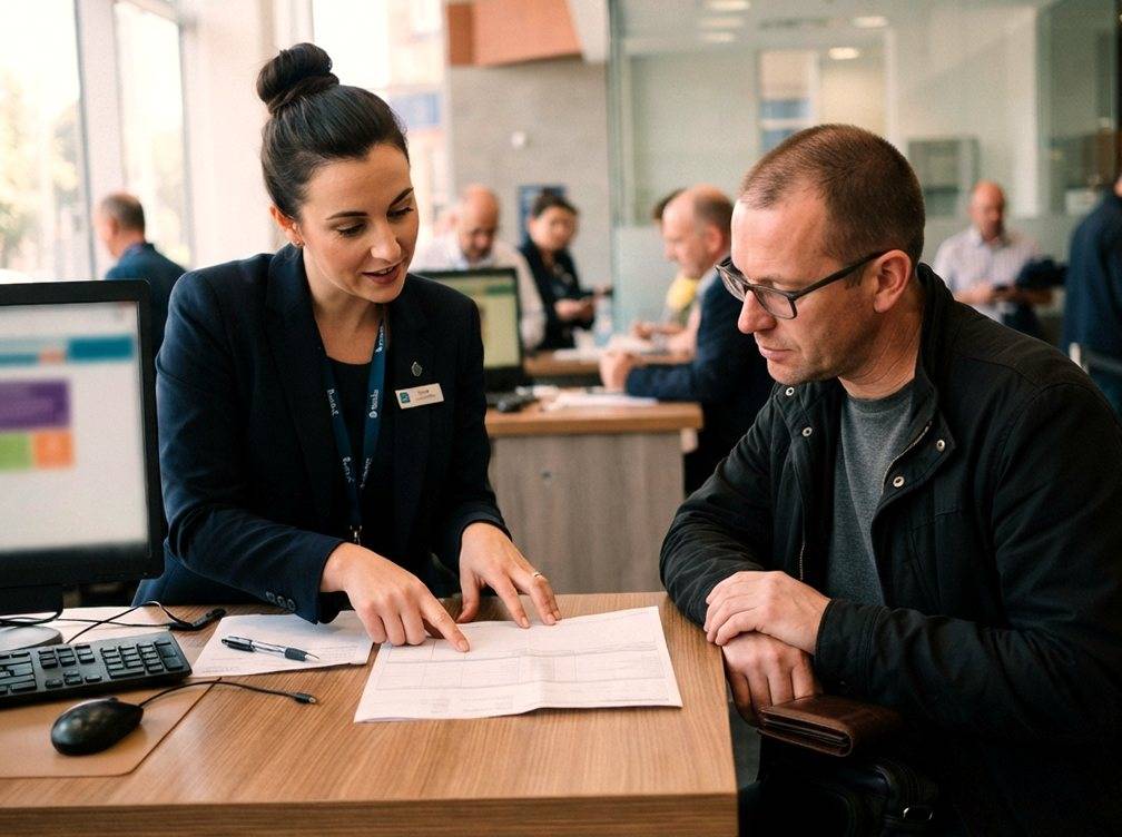 A bank teller reviews a checking account statement with a customer at the counter.