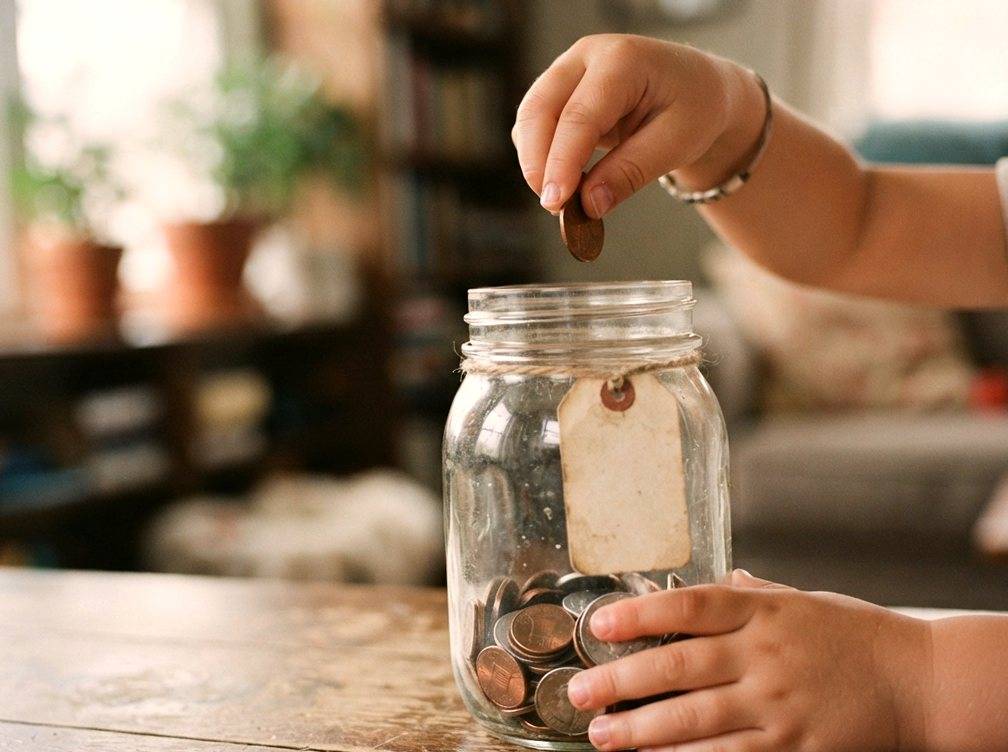 A child places coins into a glass savings jar at home.