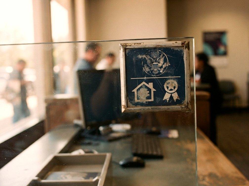 A close view of an FDIC insured sign displayed at a bank teller counter with cash being counted nearby.