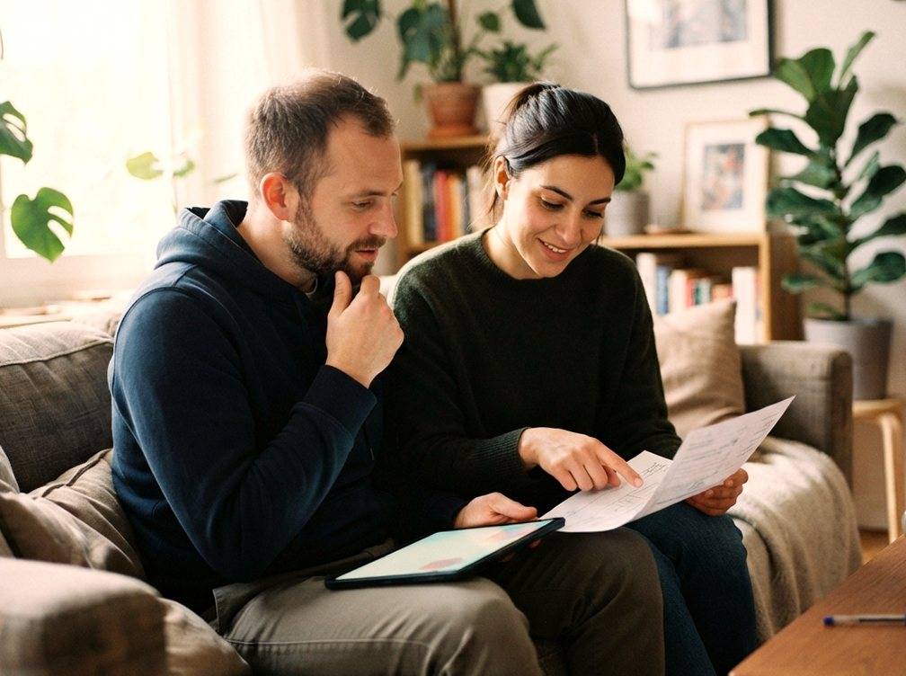 A couple reviewing bank account documents and a tablet together on their living room couch.