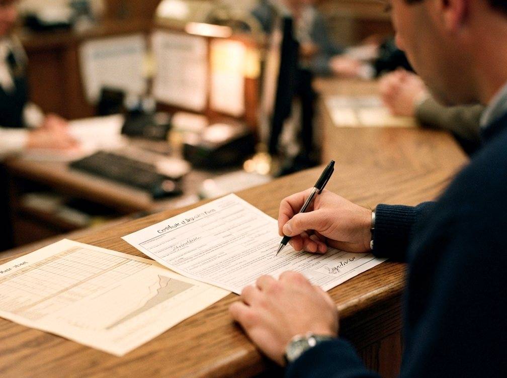 A customer fills out a certificate of deposit application form at a bank counter.