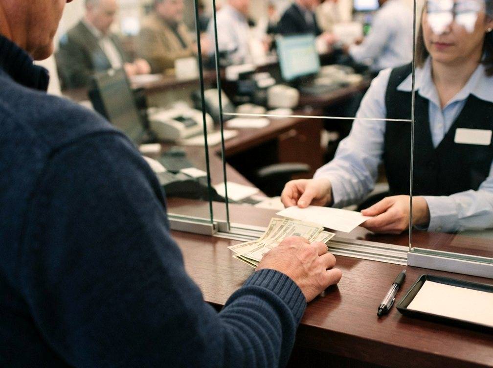 A customer hands a deposit slip and cash to a bank teller at a savings counter.