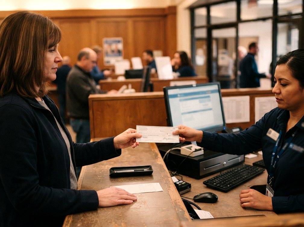 A customer hands an endorsed check to a bank teller at the counter.» }<p>Wait, I need to produce valid JSON only. Let me redo this properly without errors.»,