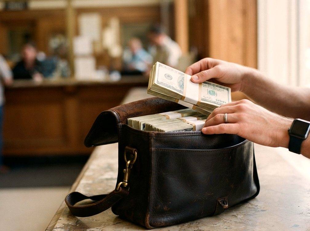 A customer packs banded stacks of cash into a bag at a bank counter.
