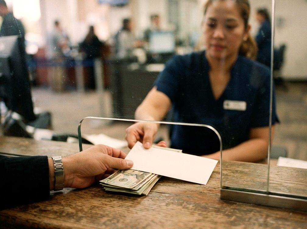 A customer passes a deposit slip and cash to a bank teller through the counter window.