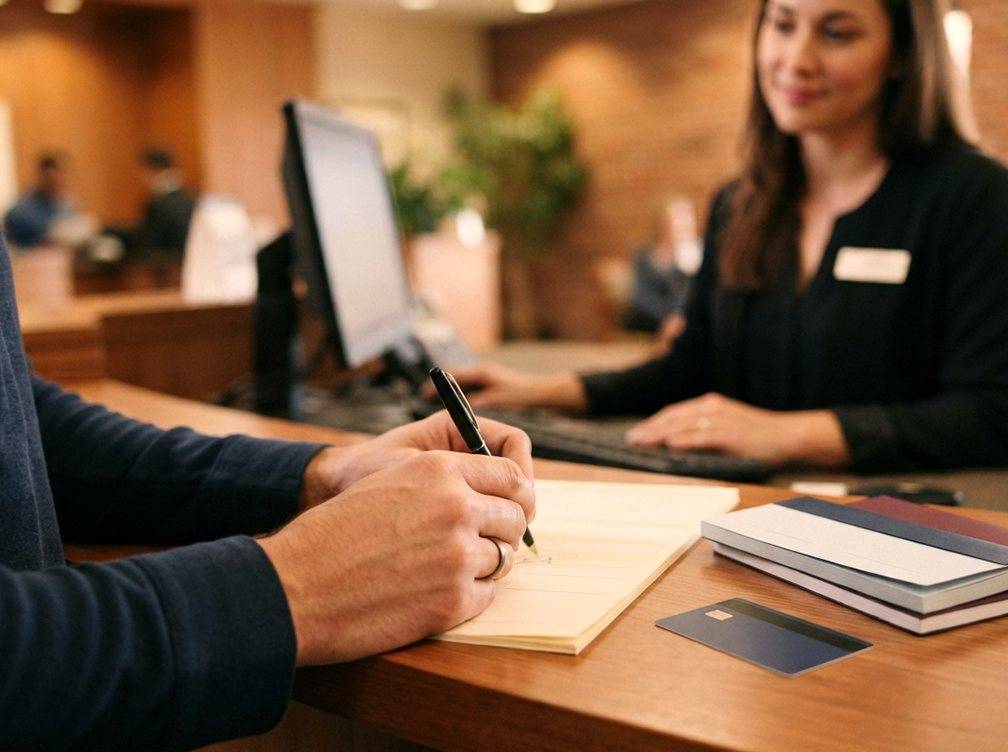 A customer signs paperwork to open a money market account at a bank counter with a checkbook nearby.