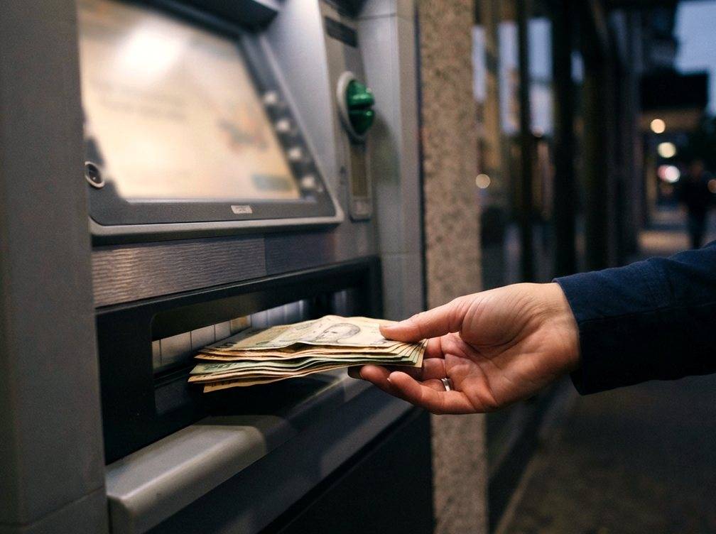 A customer withdraws cash from an ATM machine during the evening.