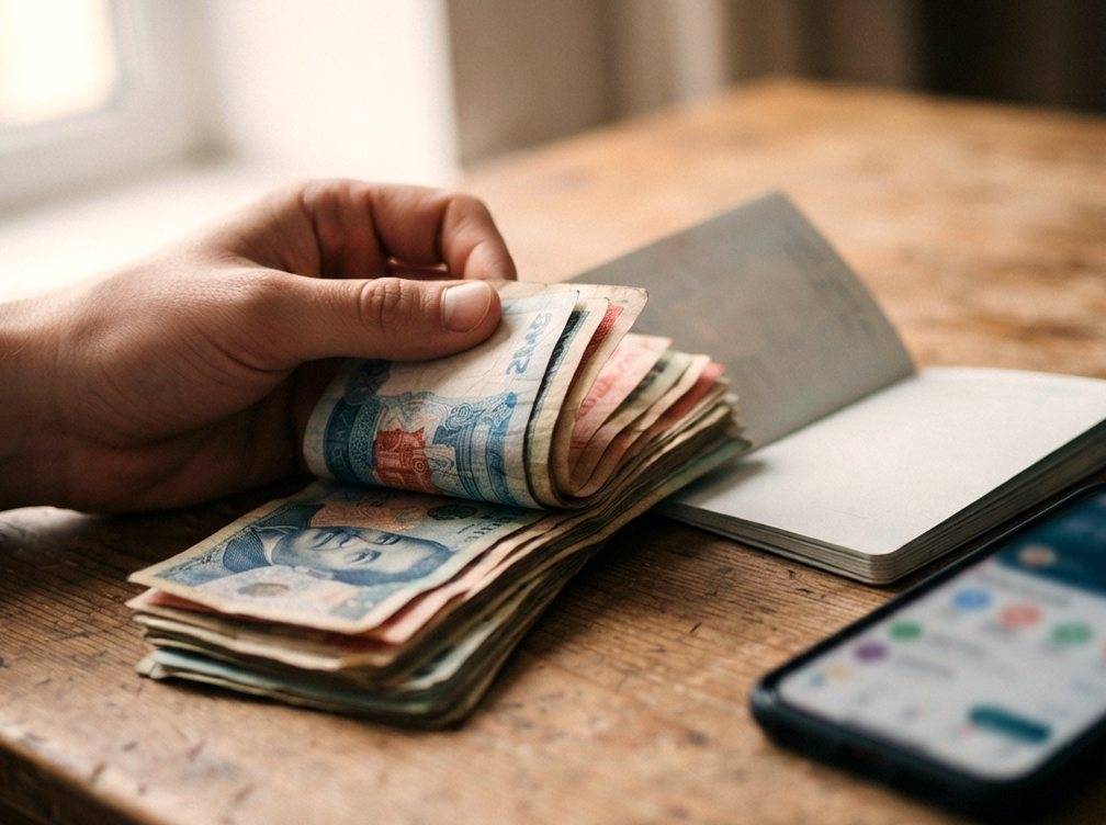 A hand counts foreign currency bills beside an open passport and a smartphone on a desk.