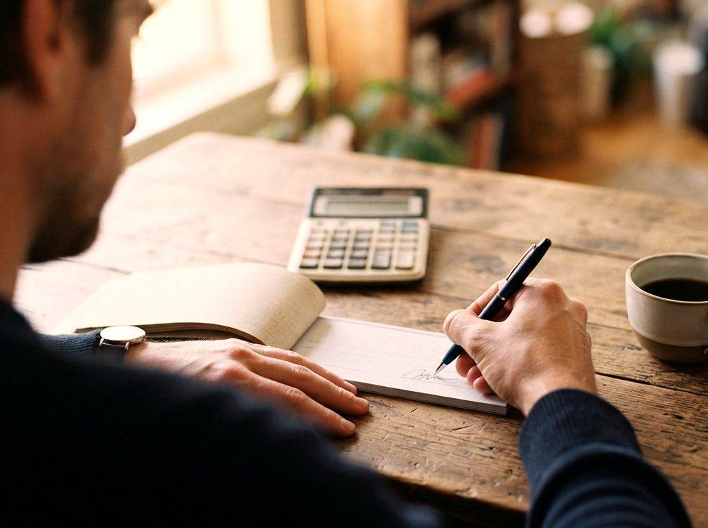 A hand signs a paper check at a desk with a checkbook and calculator nearby.