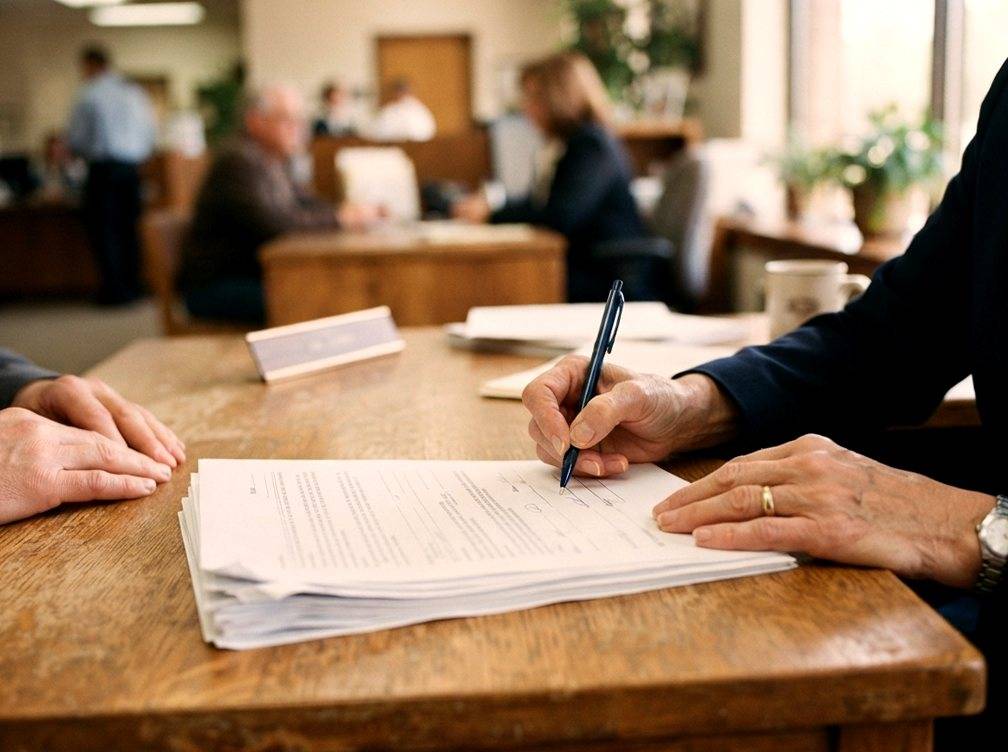 A loan officer's hands sign paperwork at a desk inside a community bank branch.