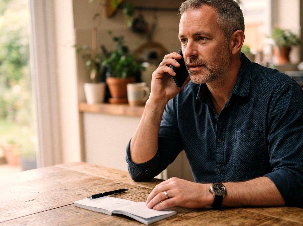 A man on the phone at his kitchen table with a checkbook open, calling his bank about a stolen check.