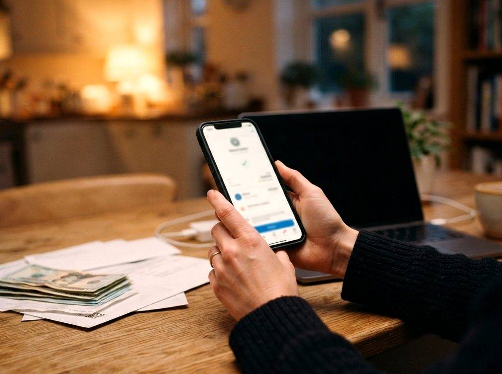 A person checks a bank transfer confirmation on their phone at home.