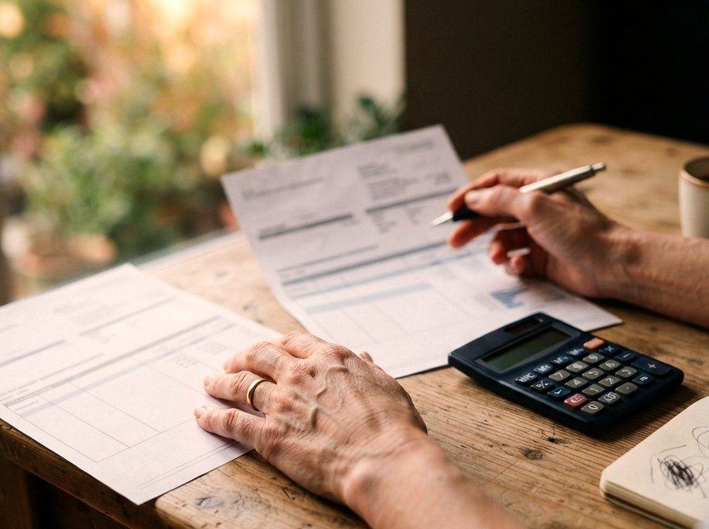 A person compares two printed certificate of deposit rate sheets at home using a calculator.