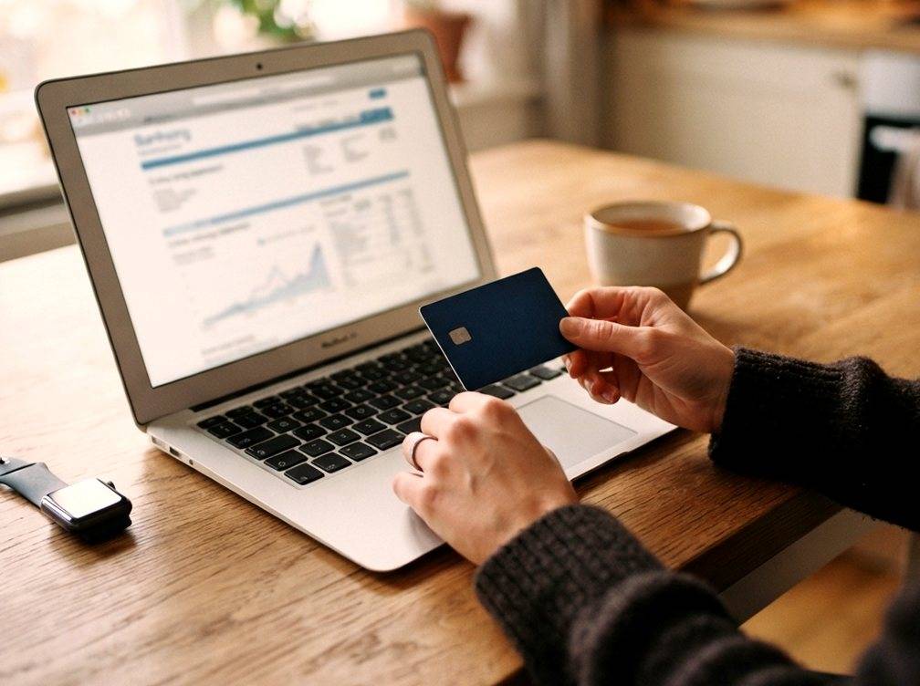 A person holds a bank card while looking at an account statement on a laptop.