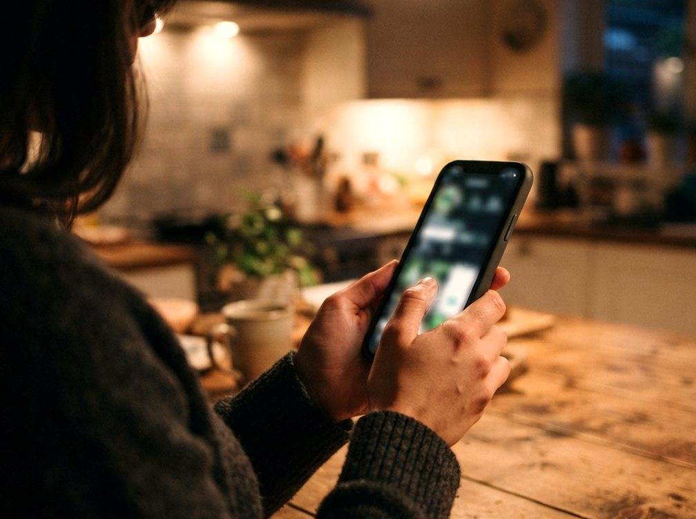 A person holds a smartphone while checking a payment transfer at a kitchen counter.