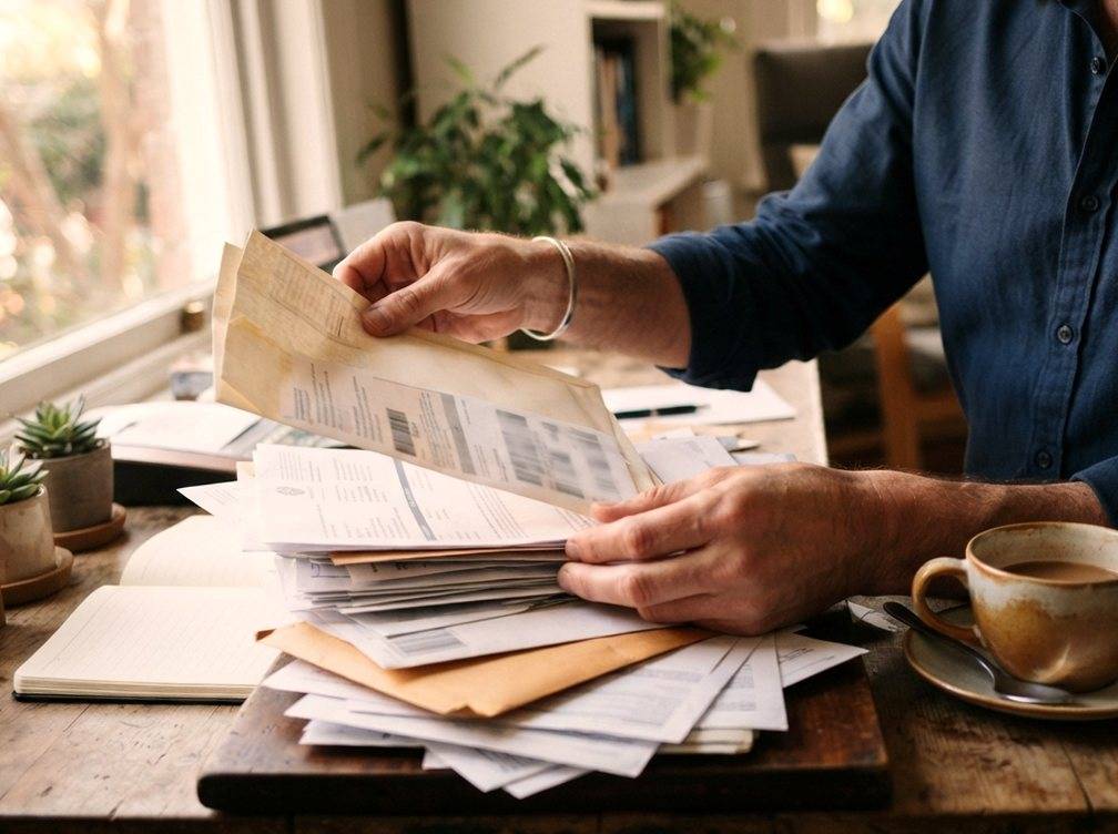 A person sorts through credit card statements and bills at a home desk.