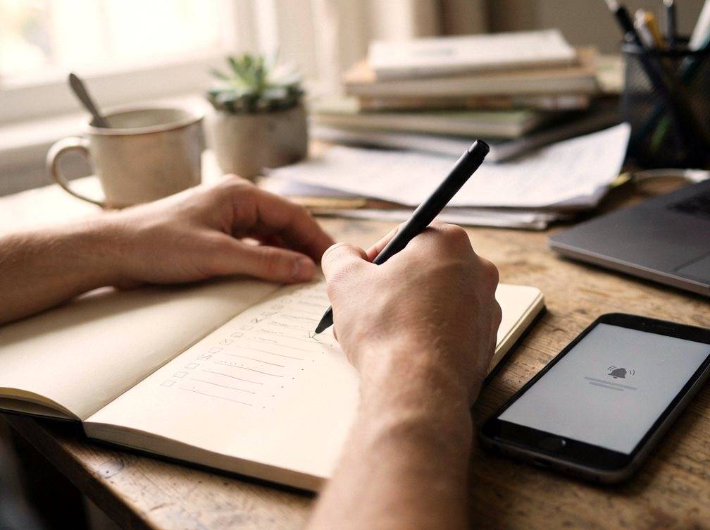 A person writes a weekly marketing checklist on paper beside a phone on a desk.