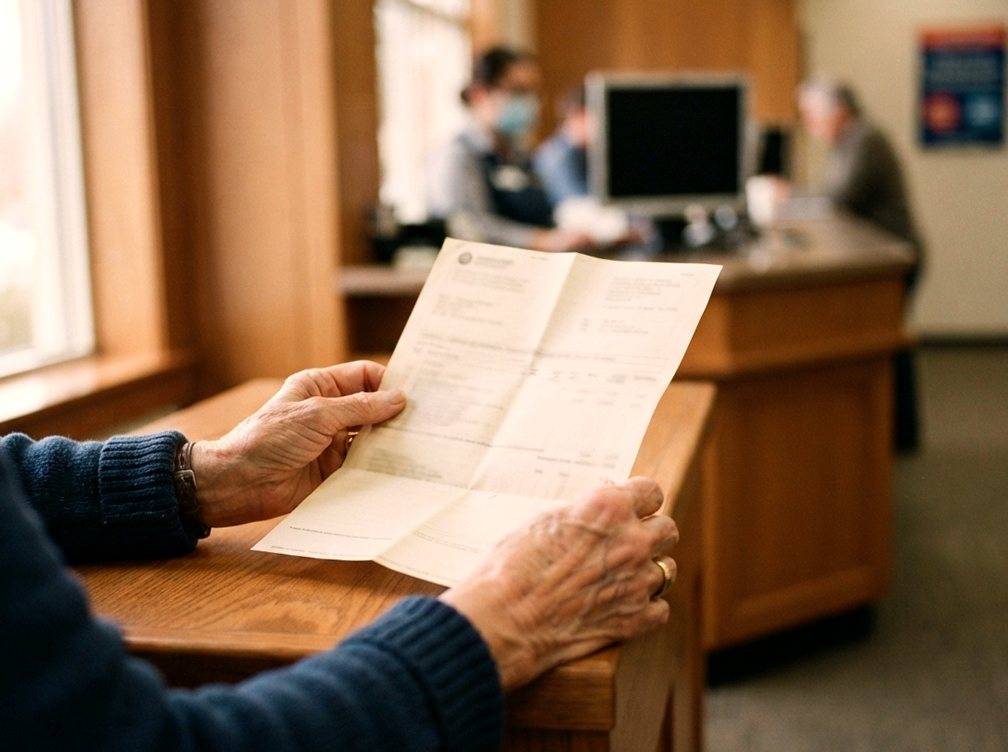 A retiree holding a certificate of deposit statement while reviewing it at a bank counter.