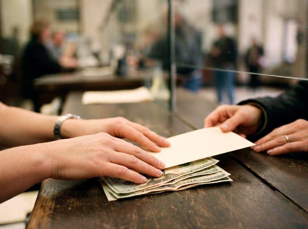 A teller's hands exchange a deposit slip and cash with a customer at a bank counter.