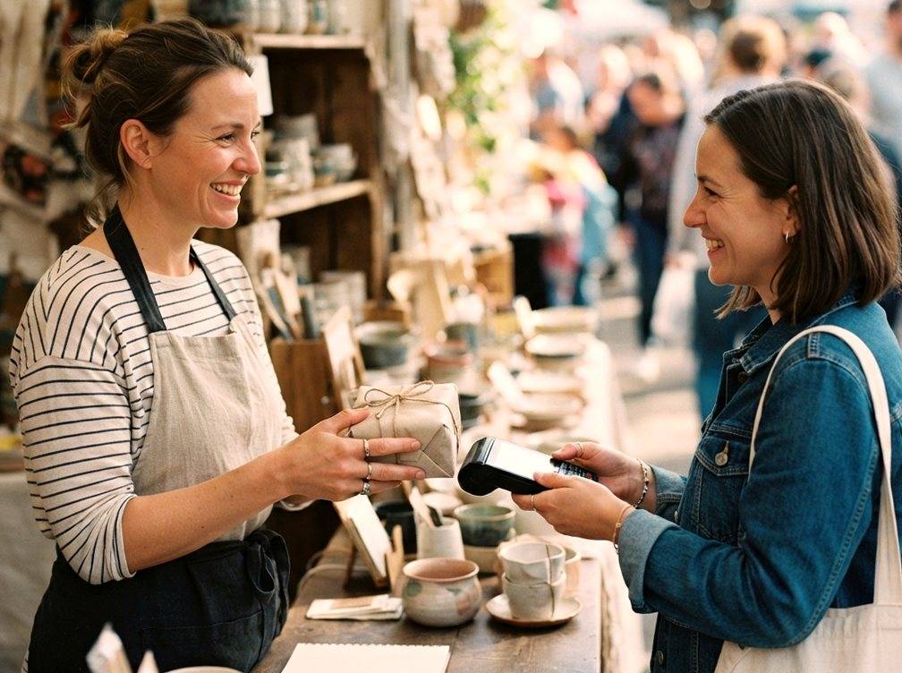 A vendor hands a customer a wrapped purchase while holding a mobile card reader at a craft market booth.