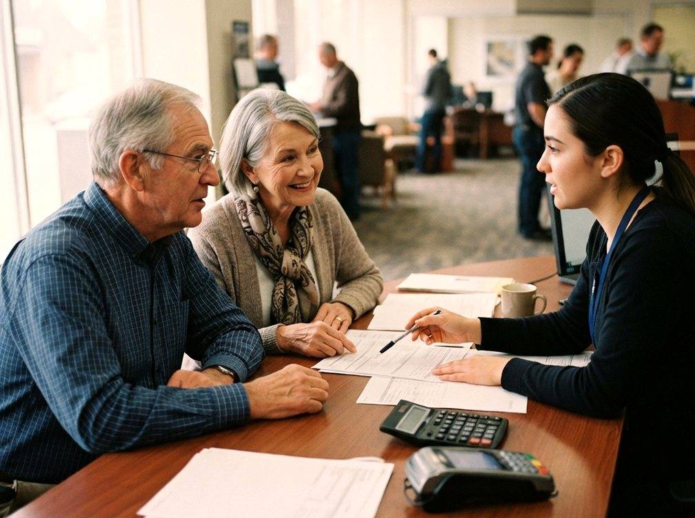An elderly couple discusses savings and CD options with a bank teller at the counter.