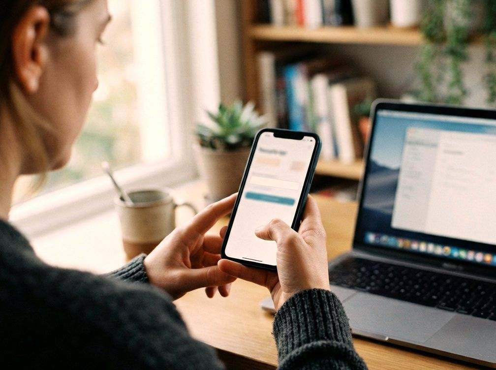Close up of hands holding a savings account statement beside an open laptop.