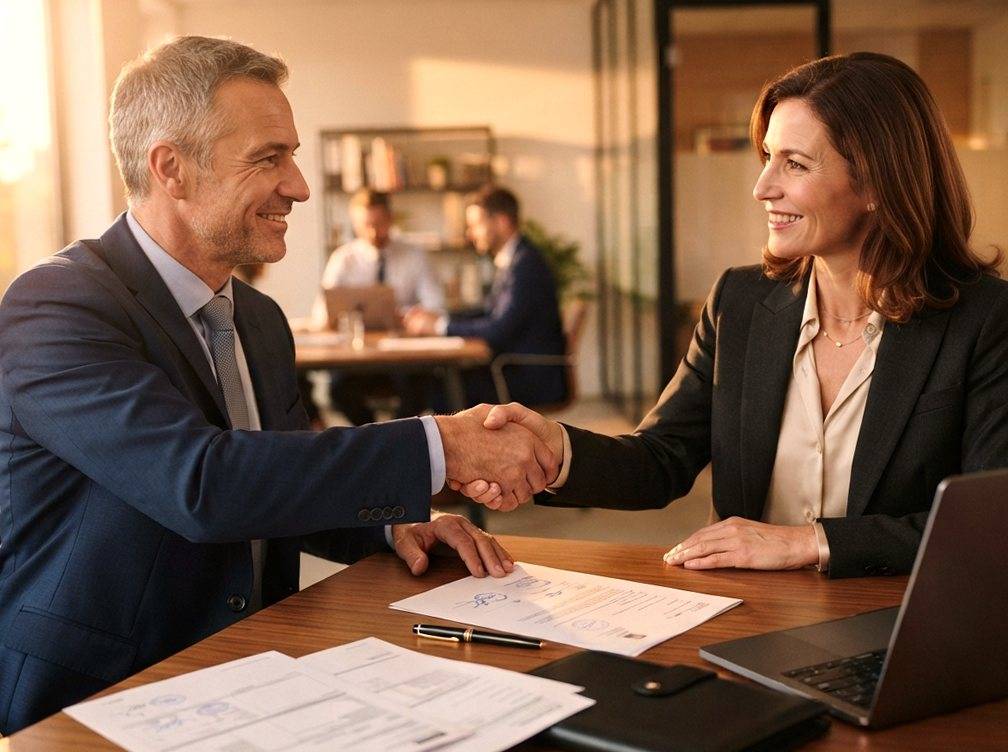 Two businesspeople shake hands over signed trade finance paperwork in an office.